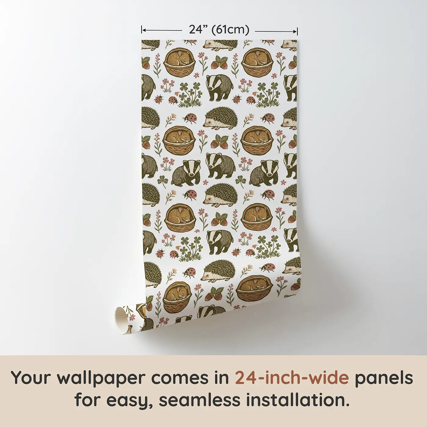Dormouse Sleeping Walnut Block Print wallpaper panel dimensions - Whimsy Tots