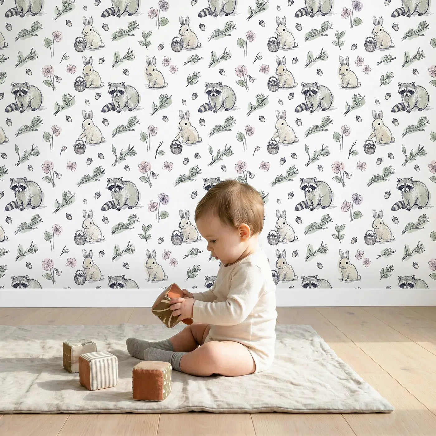 Rabbit Carrying Basket Hand-Drawn wallpaper in styled kids room - Whimsy Tots