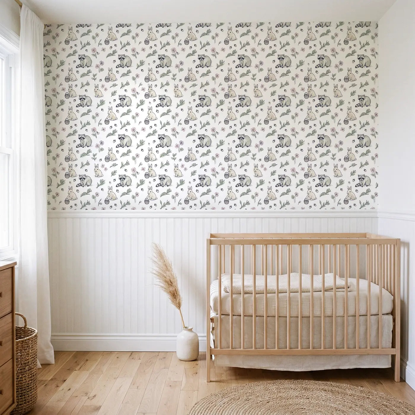 Rabbit Carrying Basket Hand-Drawn wallpaper above wainscoting - Whimsy Tots