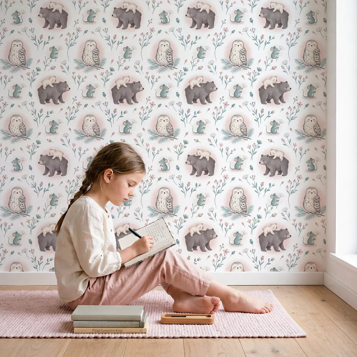 Mama Bear Cub Soft Pastel wallpaper in styled kids room - Whimsy Tots