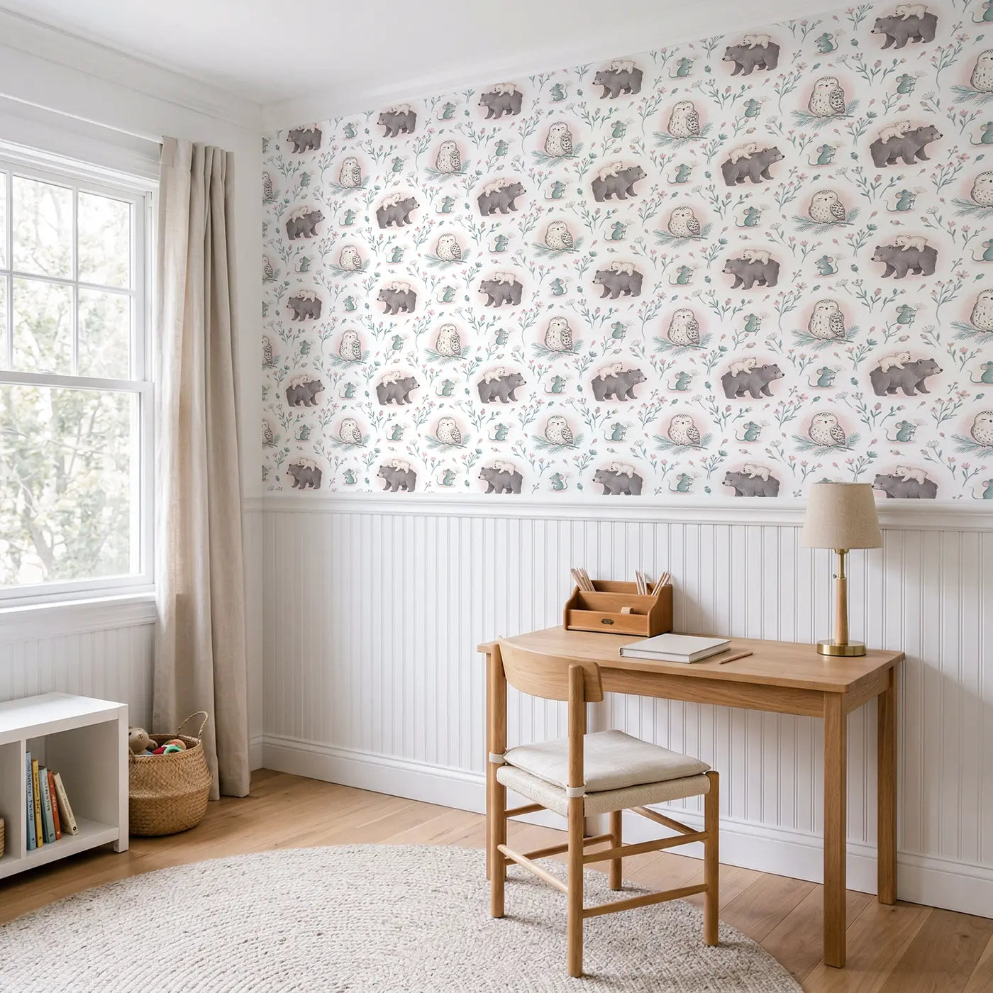 Mama Bear Cub Soft Pastel wallpaper above wainscoting - Whimsy Tots