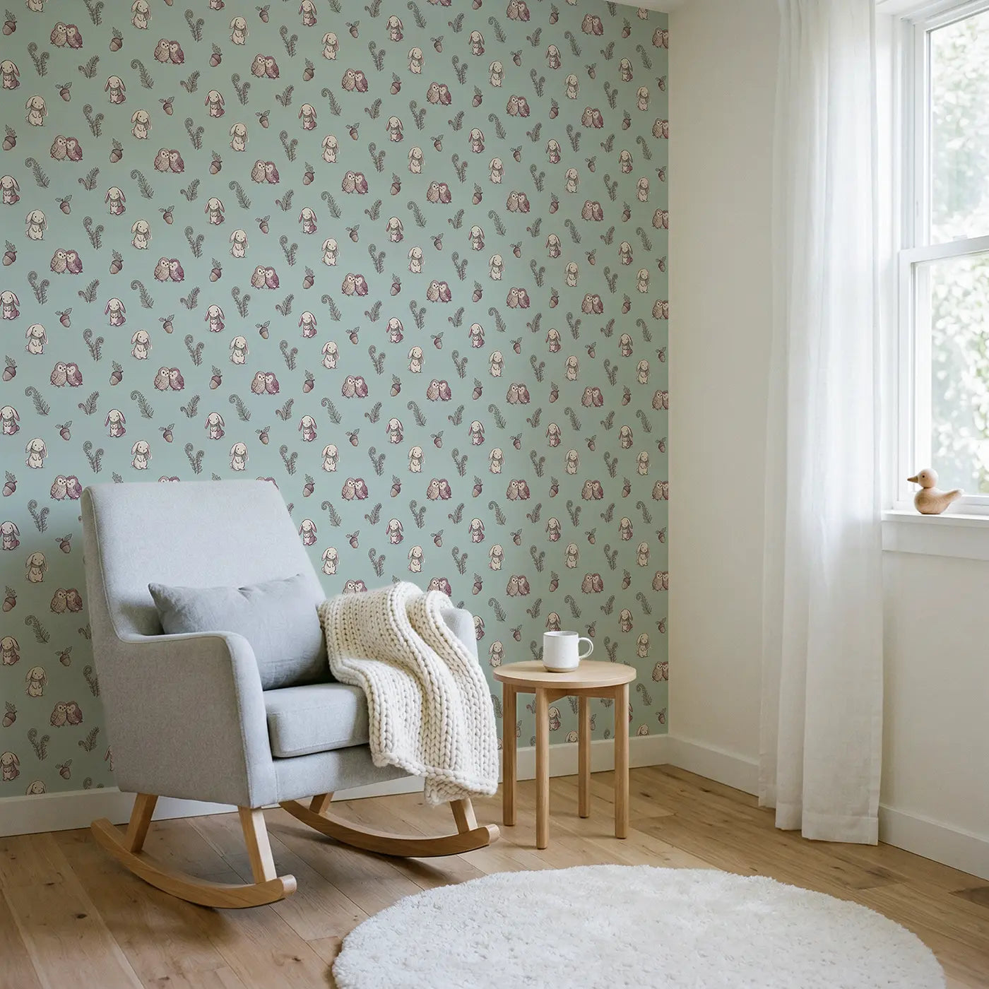 Two Owlets Hand-Drawn wallpaper in Scandinavian nursery - Whimsy Tots
