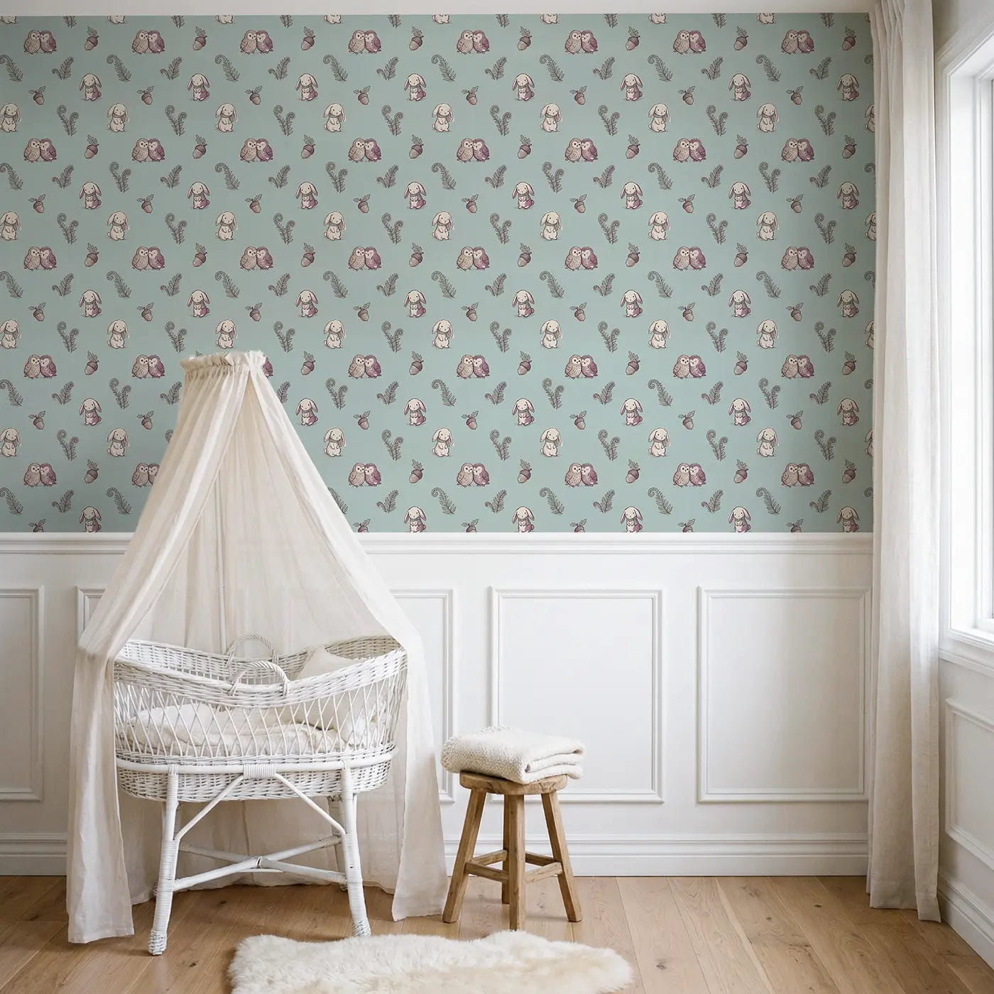 Two Owlets Hand-Drawn wallpaper above wainscoting - Whimsy Tots
