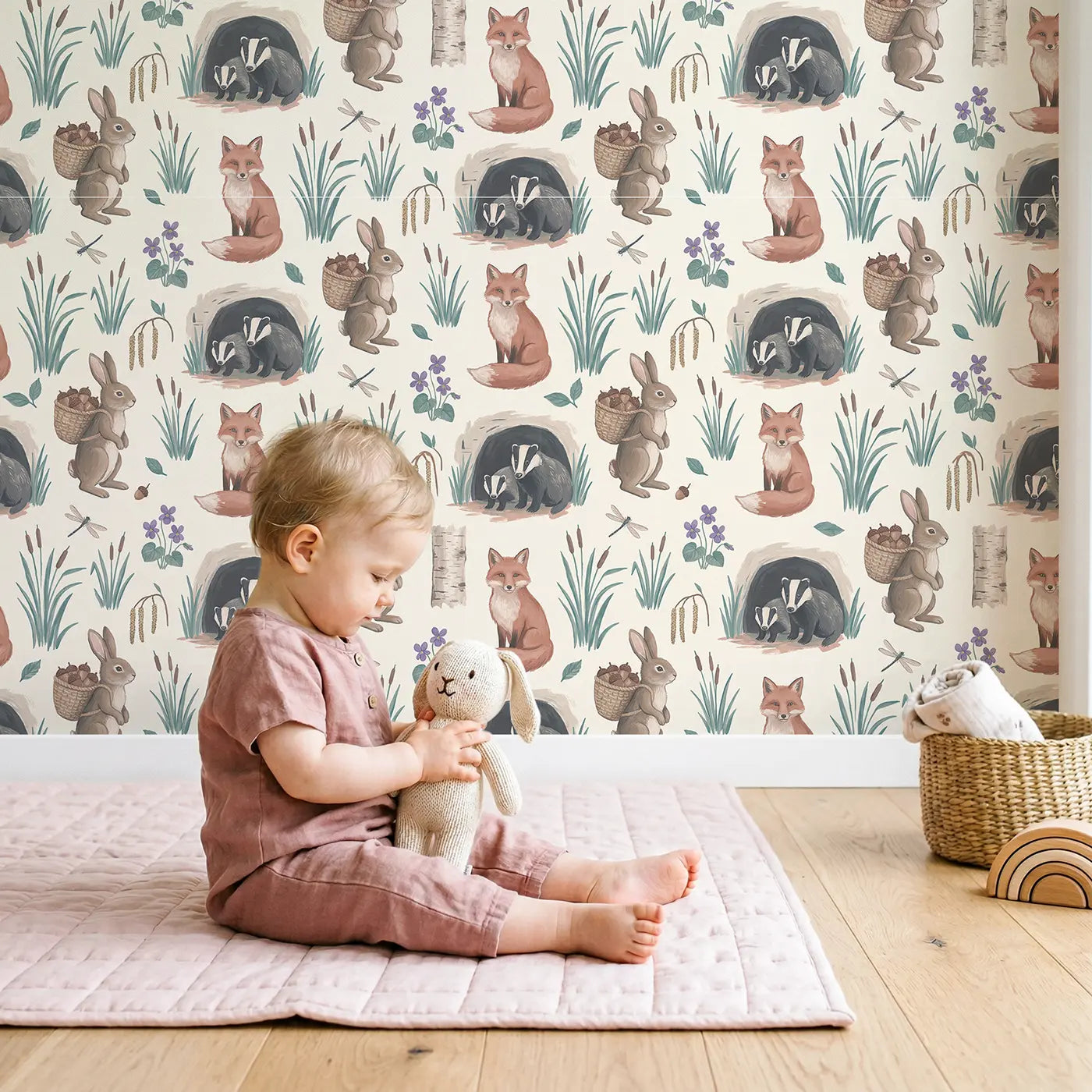 Rabbit Carrying Basket Modern Illustration wallpaper in styled kids room - Whimsy Tots