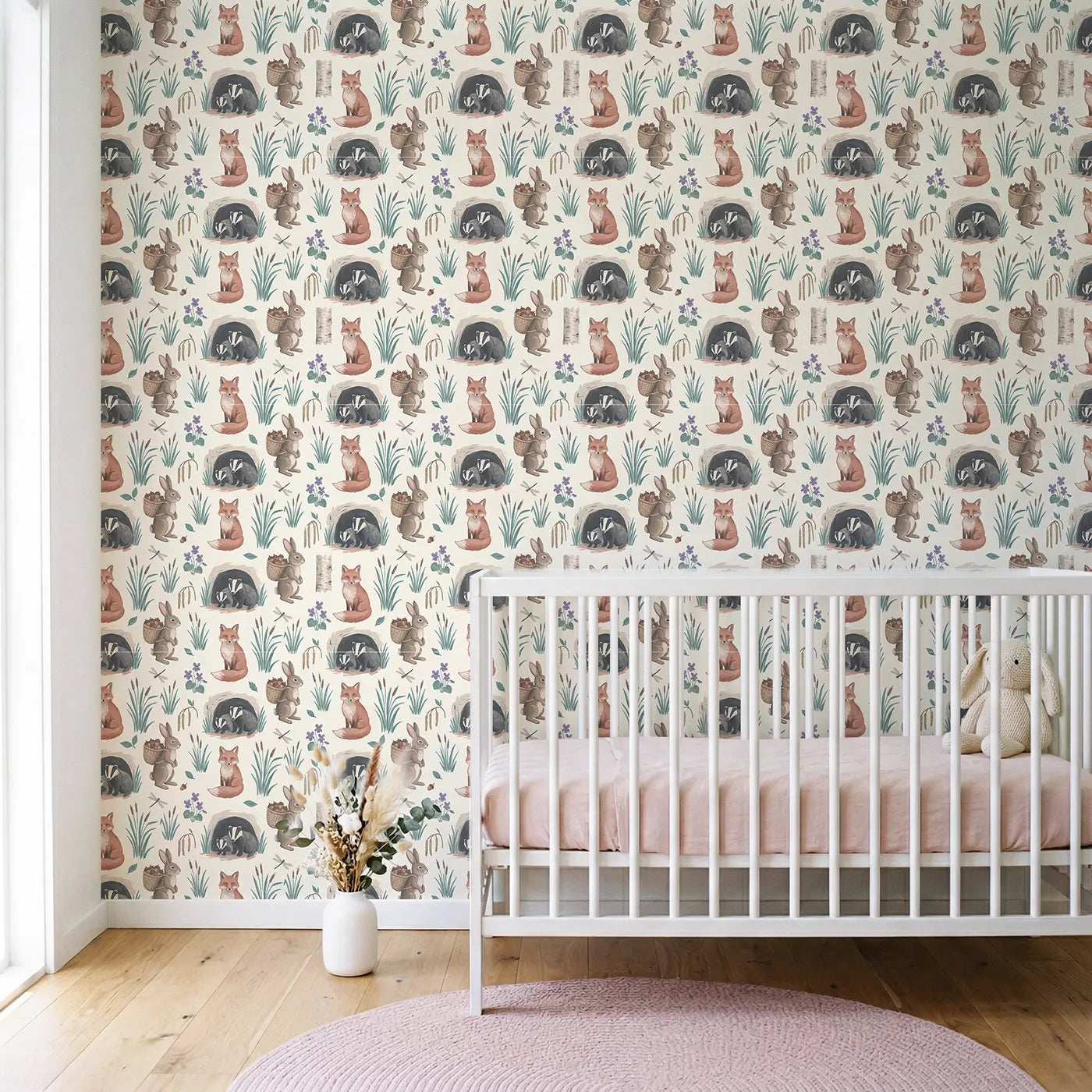Rabbit Carrying Basket Modern Illustration wallpaper in Scandinavian nursery - Whimsy Tots