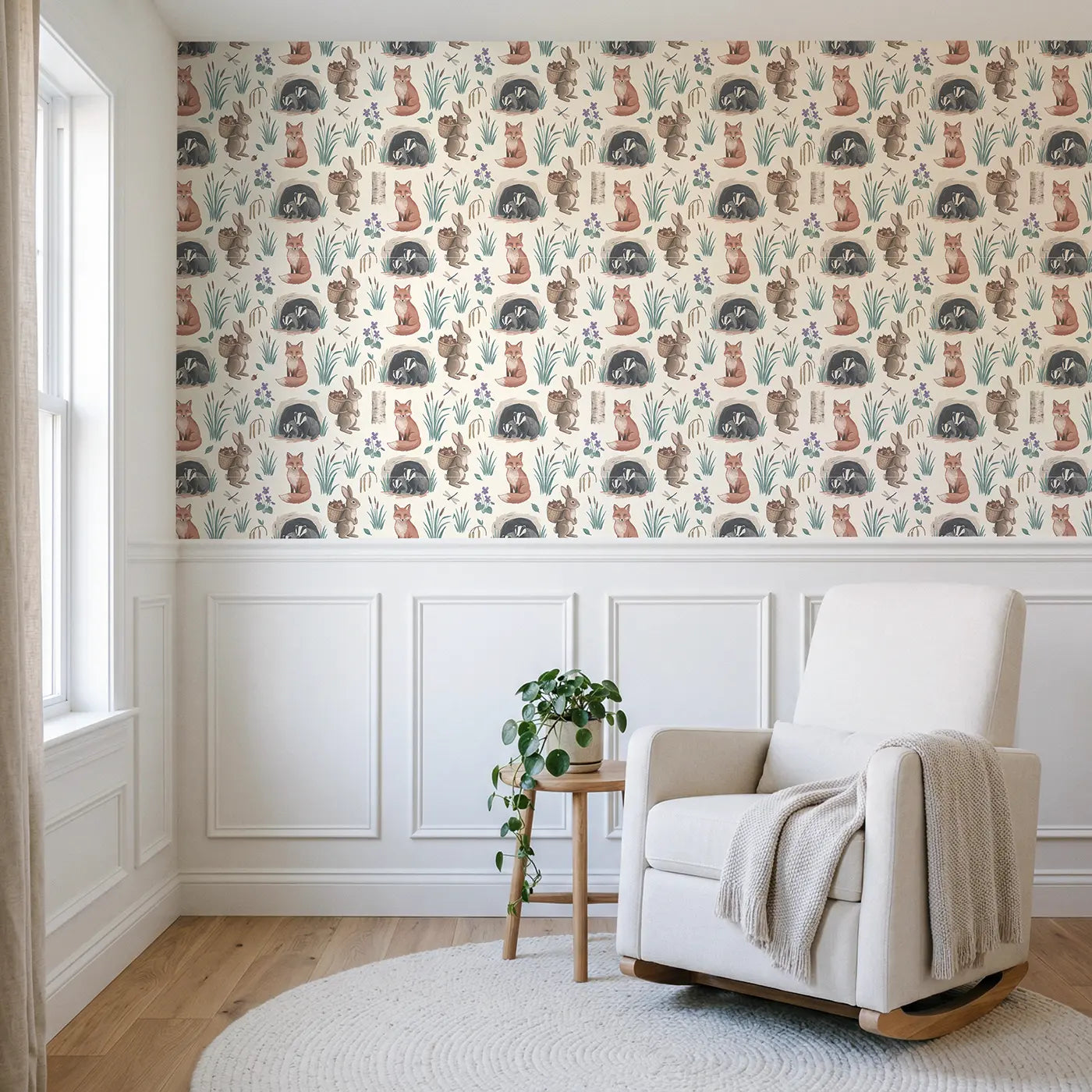 Rabbit Carrying Basket Modern Illustration wallpaper above wainscoting - Whimsy Tots