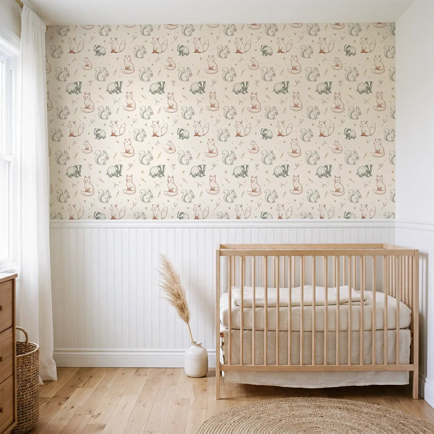 Squirrel Holding Acorn Hand-Drawn wallpaper above wainscoting - Whimsy Tots