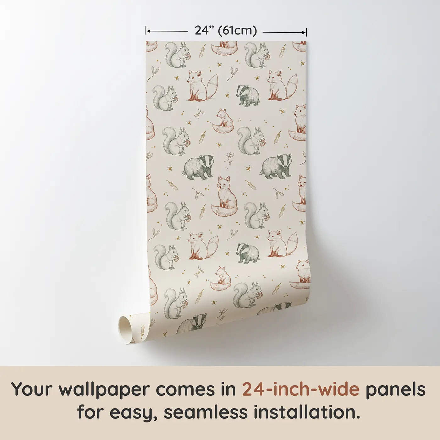 Squirrel Holding Acorn Hand-Drawn wallpaper panel dimensions - Whimsy Tots