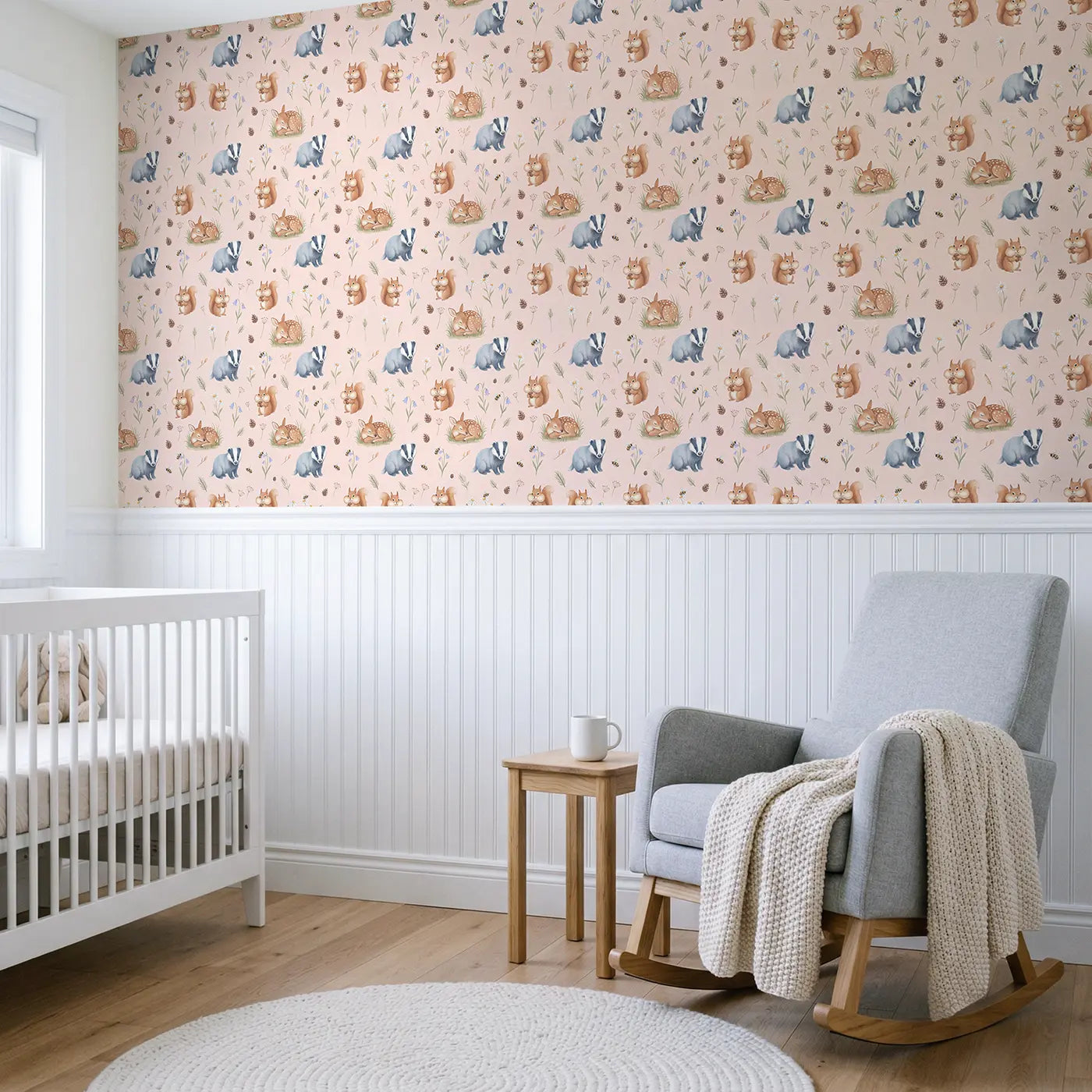 Badger Cub Soft Pastel wallpaper above wainscoting - Whimsy Tots
