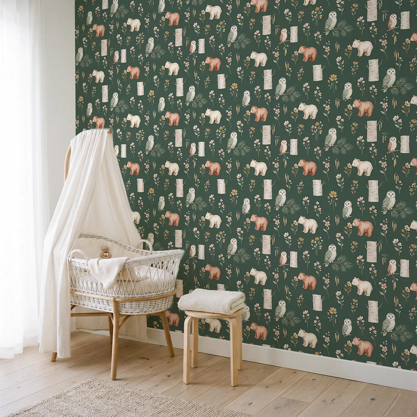Snowy Owlet Watercolor wallpaper in Scandinavian nursery - Whimsy Tots