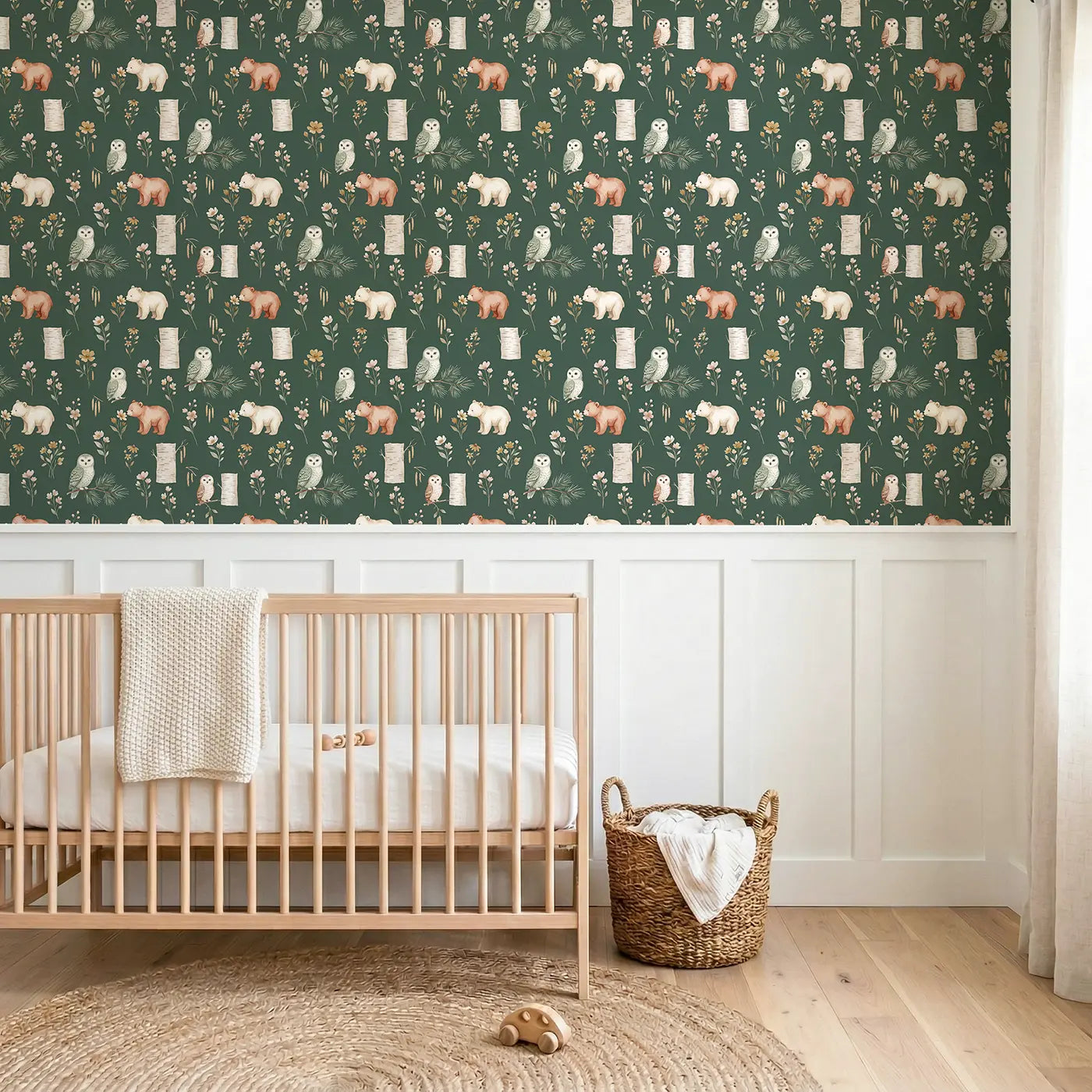 Snowy Owlet Watercolor wallpaper above wainscoting - Whimsy Tots