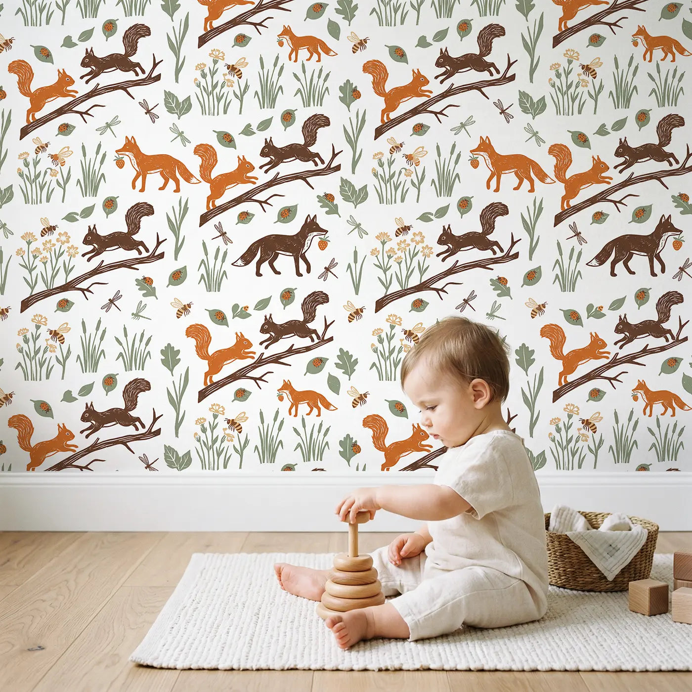 Squirrel Leaping Block Print wallpaper in styled kids room - Whimsy Tots
