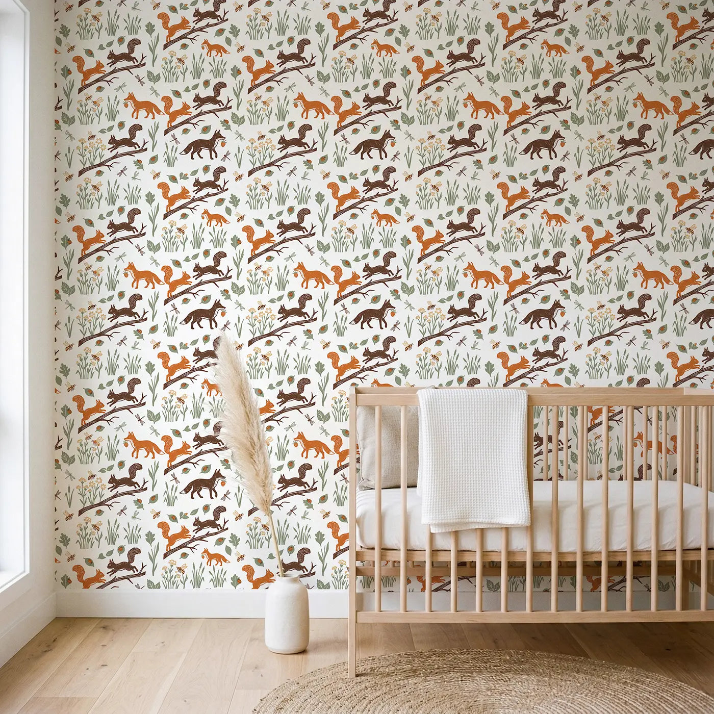 Squirrel Leaping Block Print wallpaper in Scandinavian nursery - Whimsy Tots