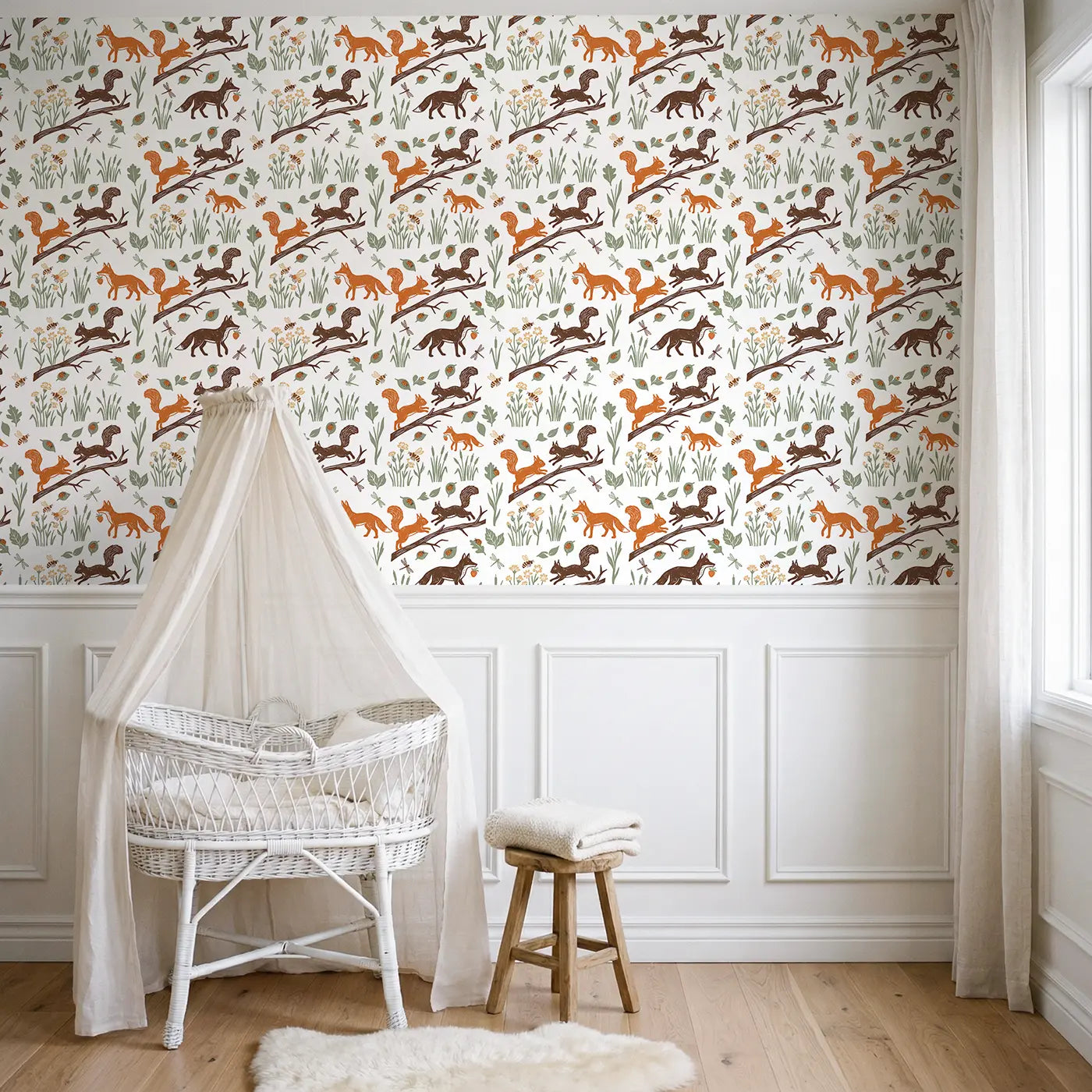 Squirrel Leaping Block Print wallpaper above wainscoting - Whimsy Tots