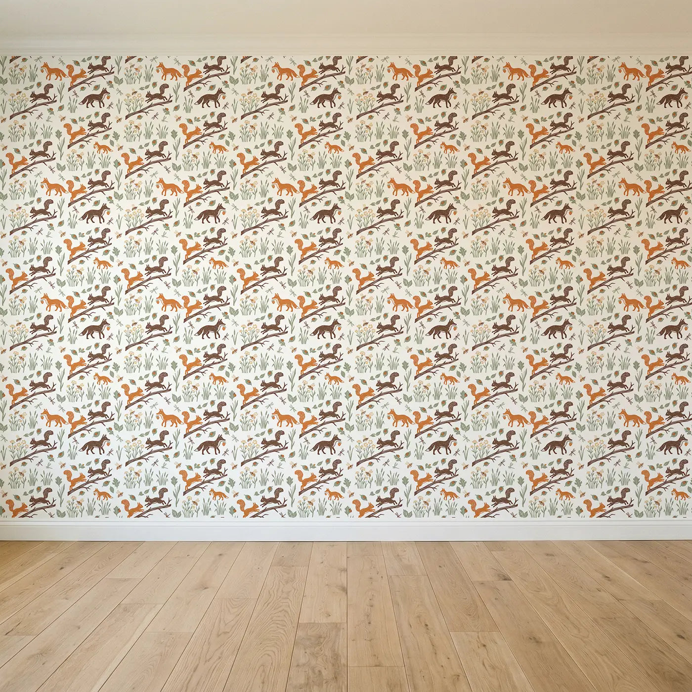 Squirrel Leaping Block Print seamless wallpaper full pattern - Whimsy Tots
