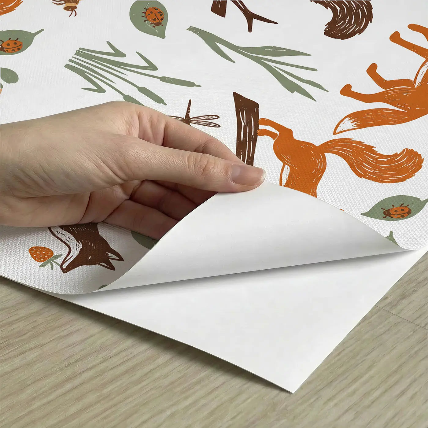 Squirrel Leaping Block Print peel and stick material close-up - Whimsy Tots