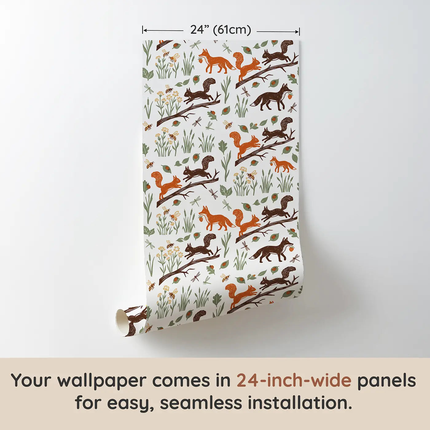 Squirrel Leaping Block Print wallpaper panel dimensions - Whimsy Tots