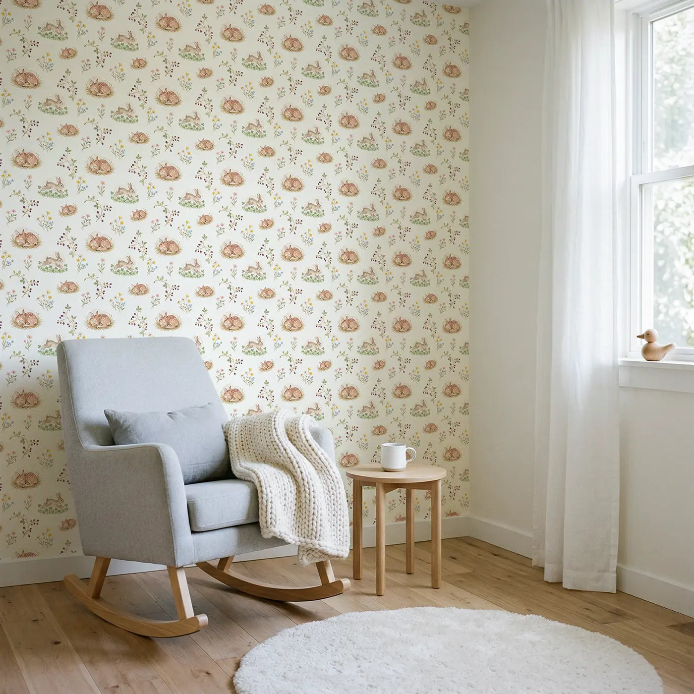Rabbit Hopping Watercolor wallpaper in Scandinavian nursery - Whimsy Tots