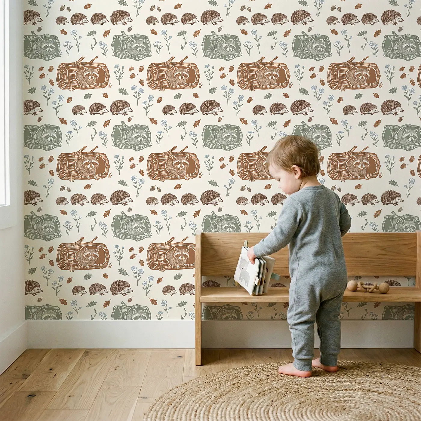 Raccoon Peeking Block Print wallpaper in styled kids room - Whimsy Tots