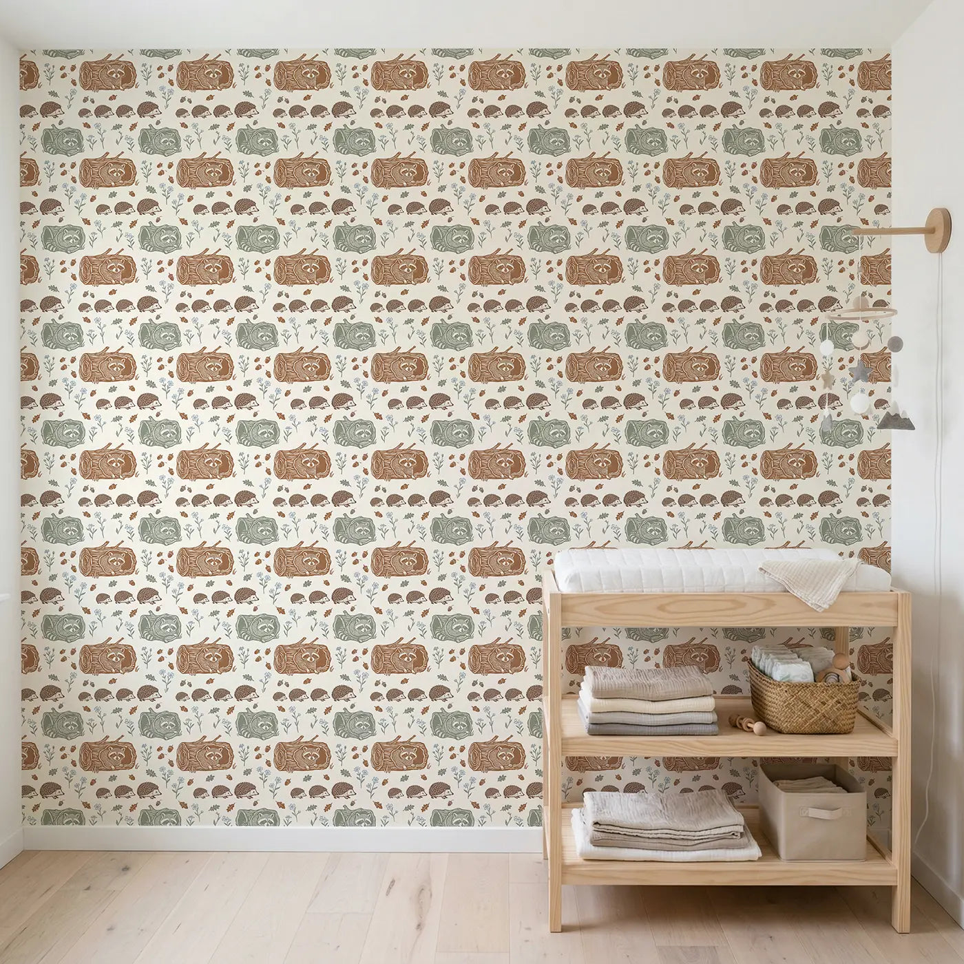 Raccoon Peeking Block Print wallpaper in Scandinavian nursery - Whimsy Tots