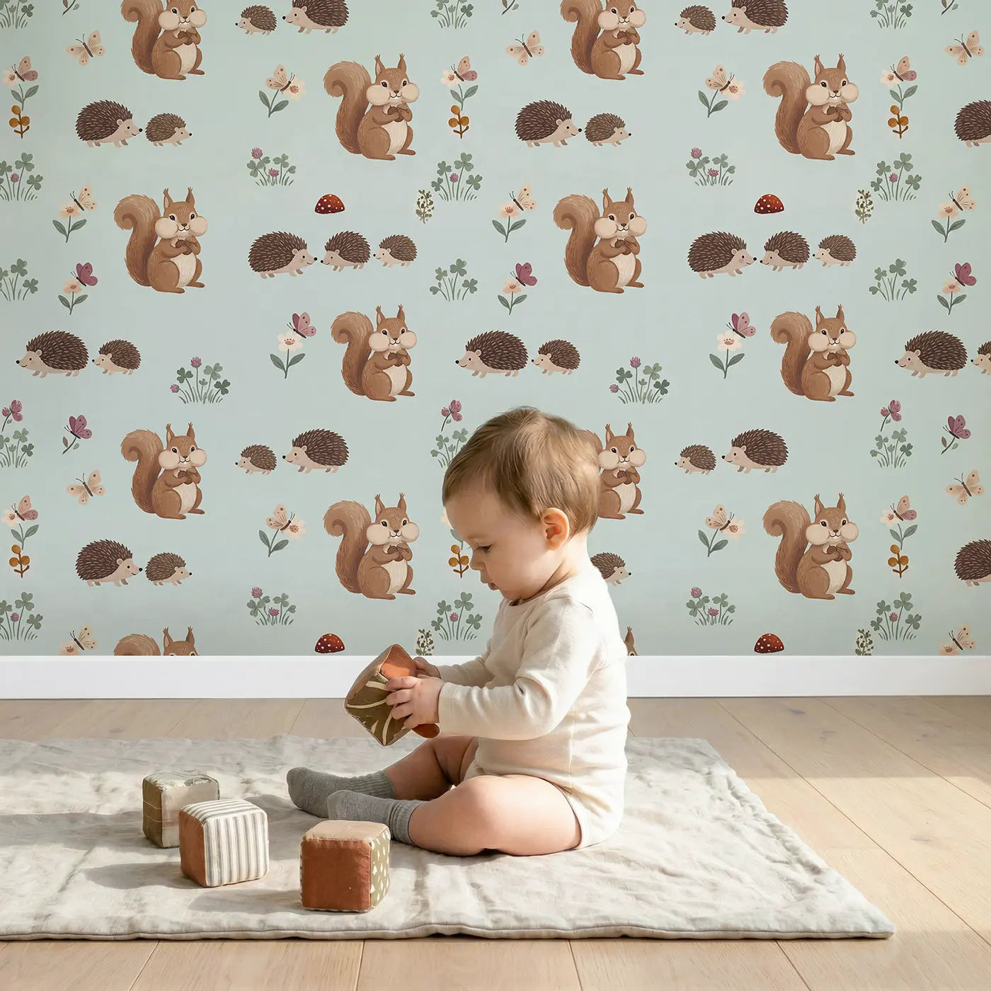 Squirrel Cheeks Modern Illustration wallpaper in styled kids room - Whimsy Tots