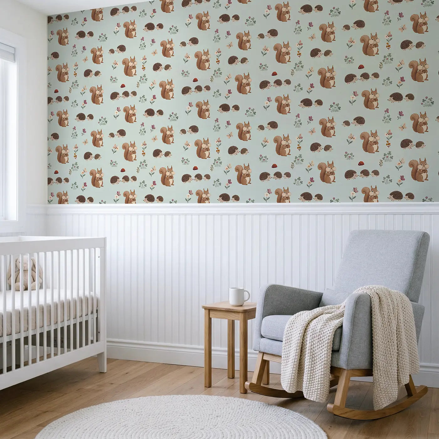 Squirrel Cheeks Modern Illustration wallpaper above wainscoting - Whimsy Tots