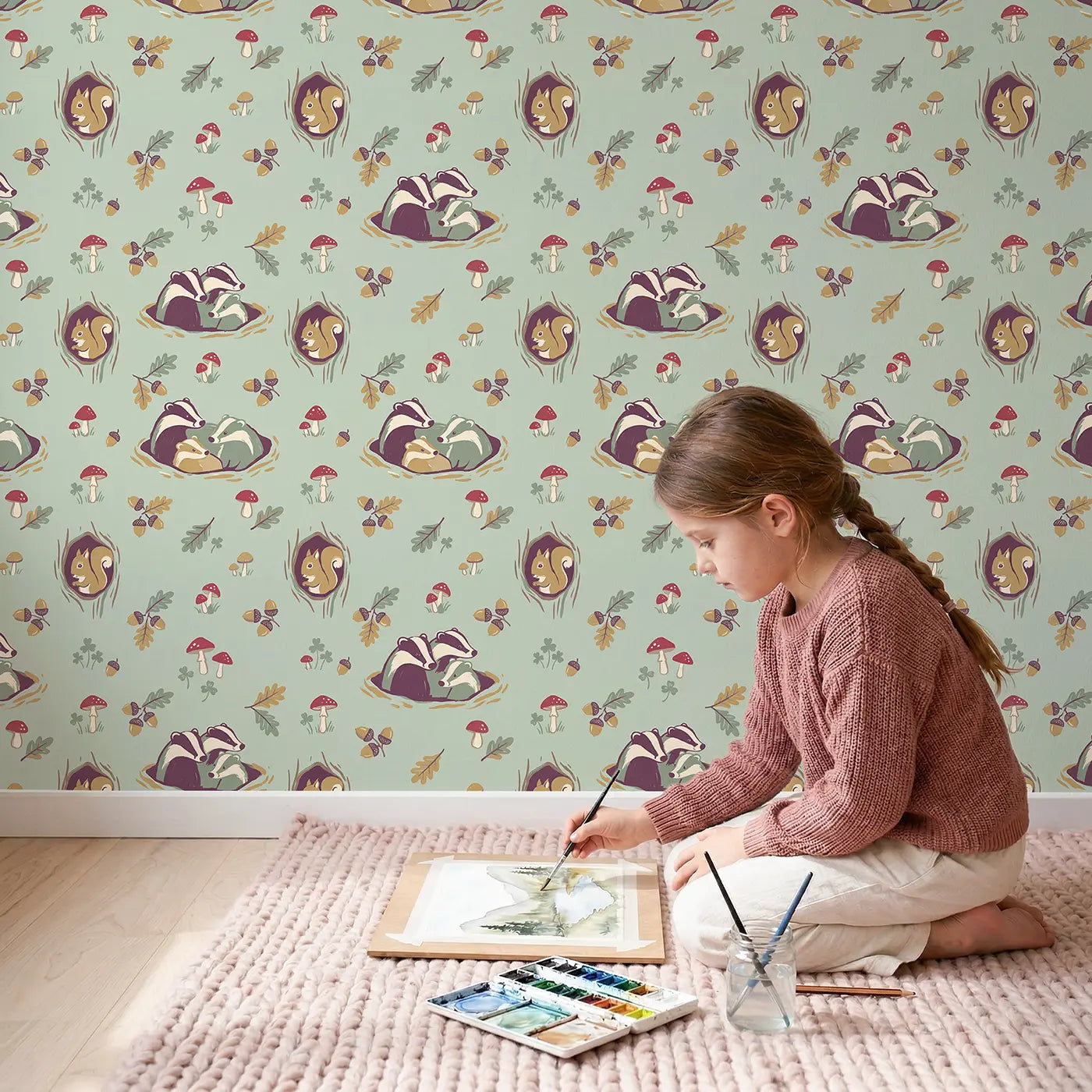 Badger Family Modern Illustration wallpaper in styled kids room - Whimsy Tots