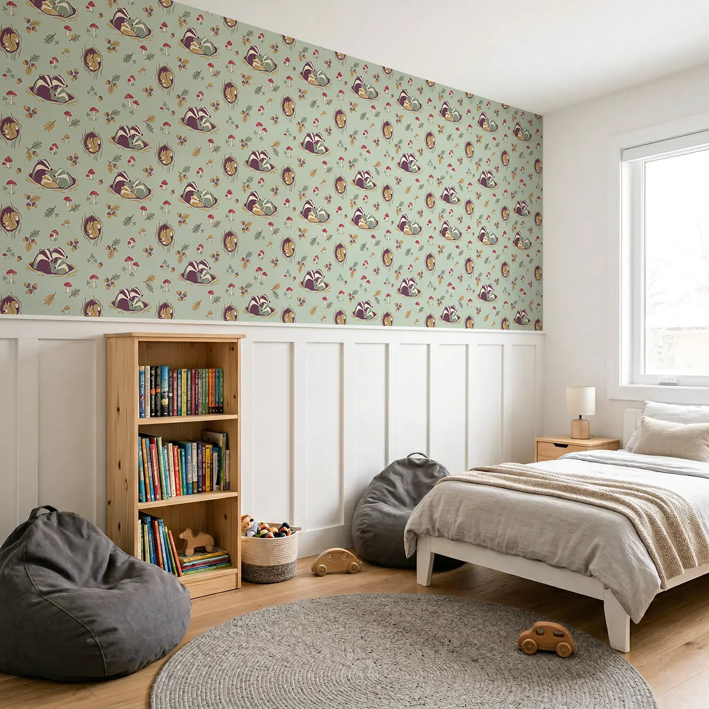 Badger Family Modern Illustration wallpaper above wainscoting - Whimsy Tots