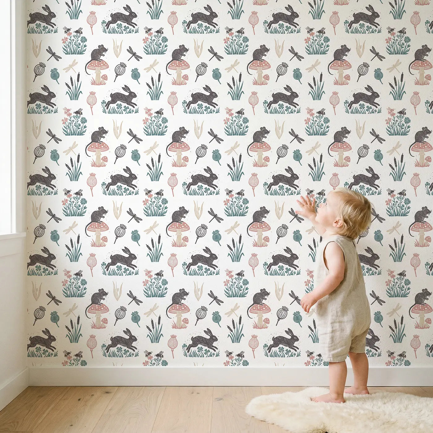 Field Mouse Toadstool Block Print wallpaper in styled kids room - Whimsy Tots