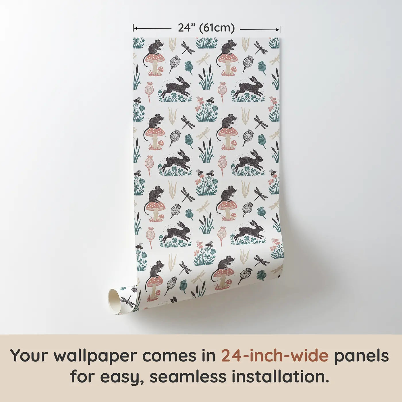 Field Mouse Toadstool Block Print wallpaper panel dimensions - Whimsy Tots