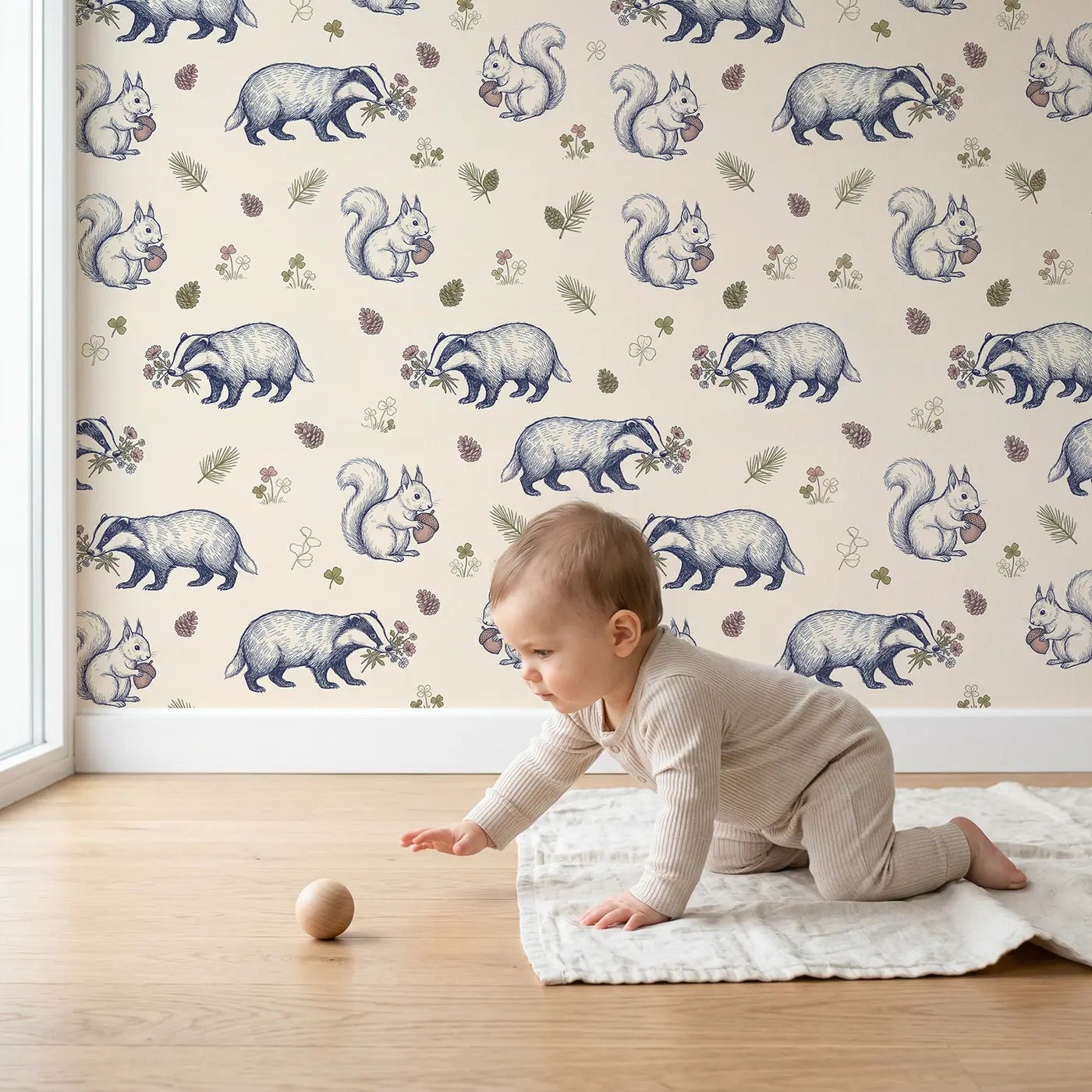 Squirrel Holding Acorn Hand-Drawn II wallpaper in styled kids room - Whimsy Tots