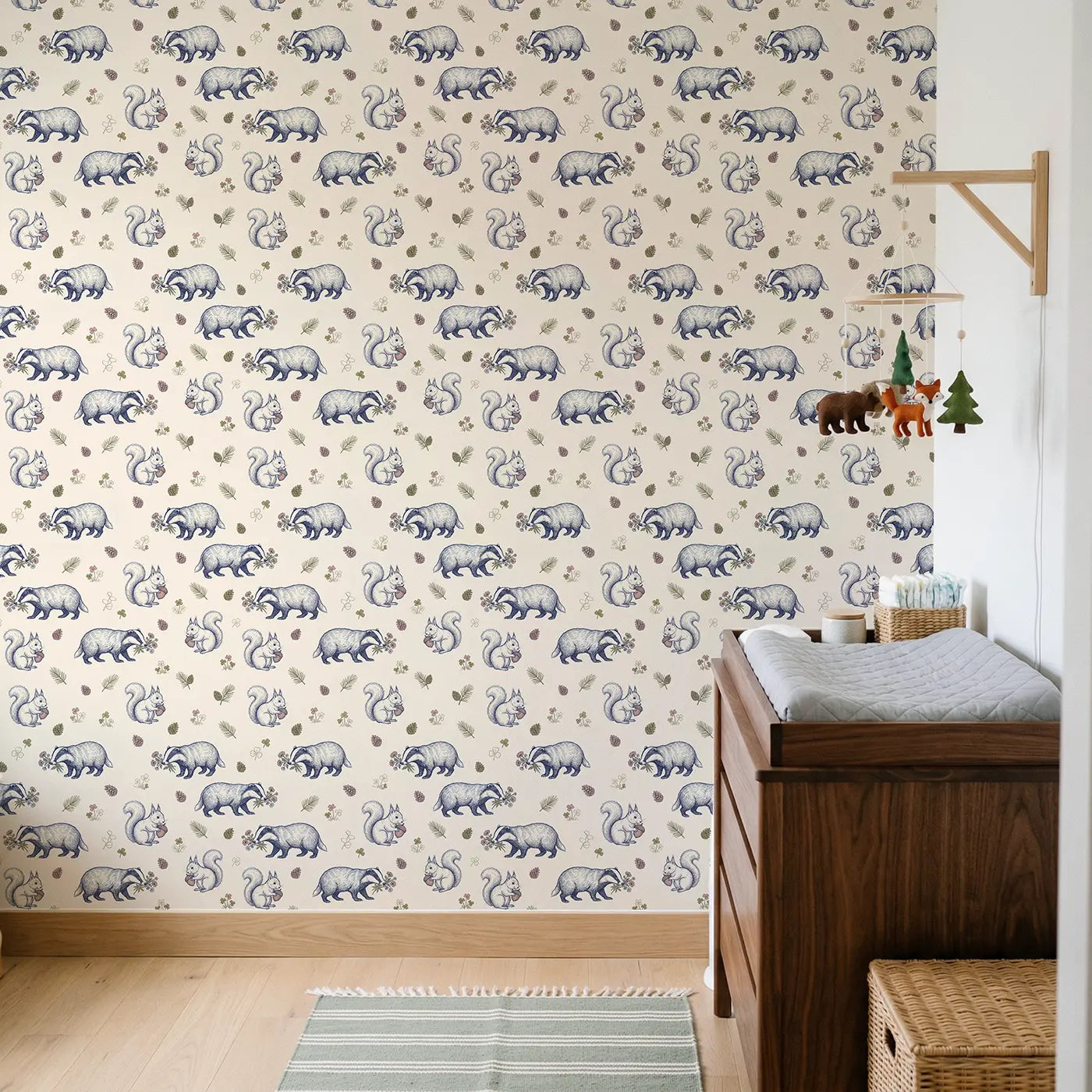 Squirrel Holding Acorn Hand-Drawn II wallpaper in Scandinavian nursery - Whimsy Tots