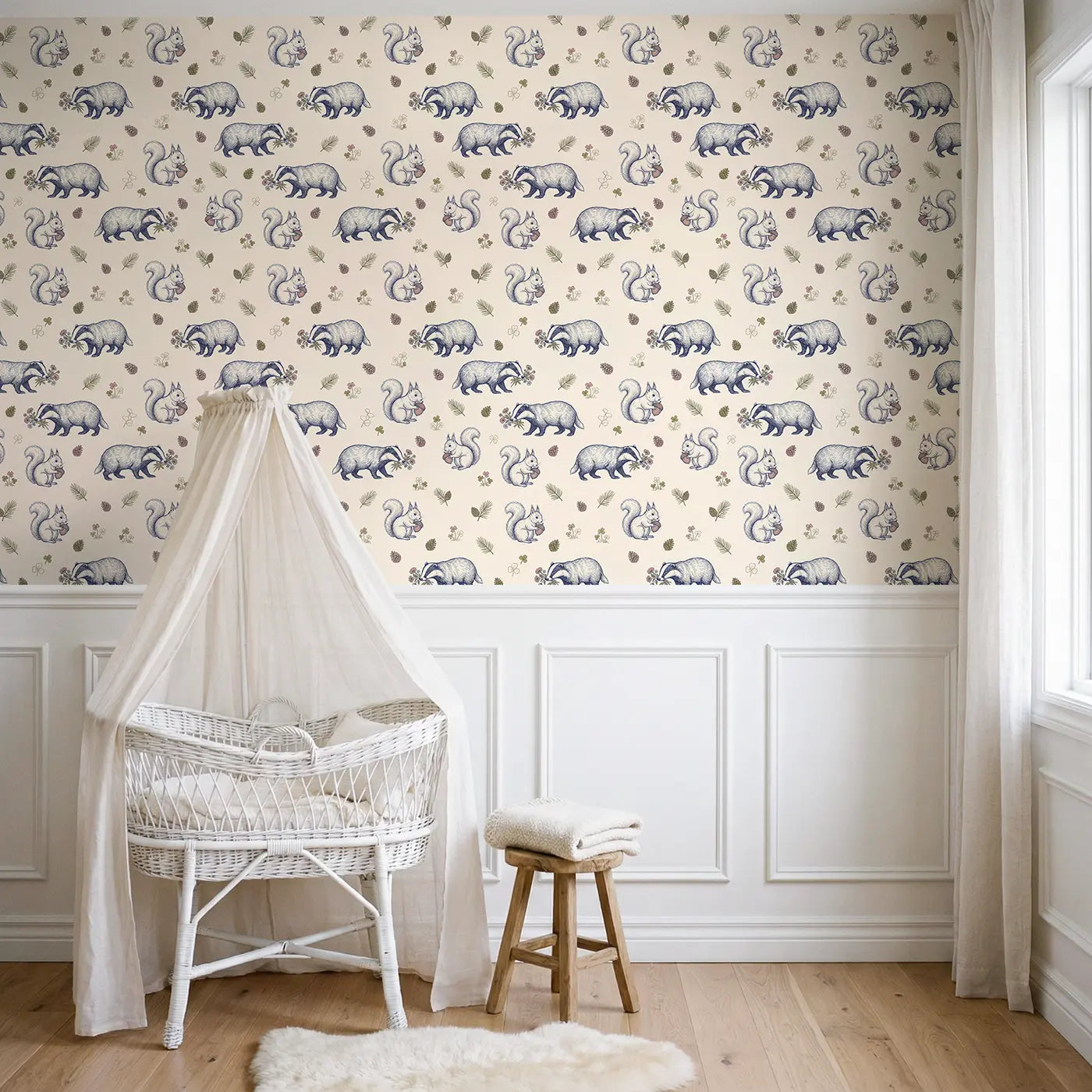 Squirrel Holding Acorn Hand-Drawn II wallpaper above wainscoting - Whimsy Tots