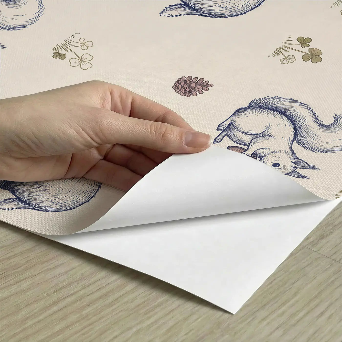 Squirrel Holding Acorn Hand-Drawn II peel and stick material close-up - Whimsy Tots