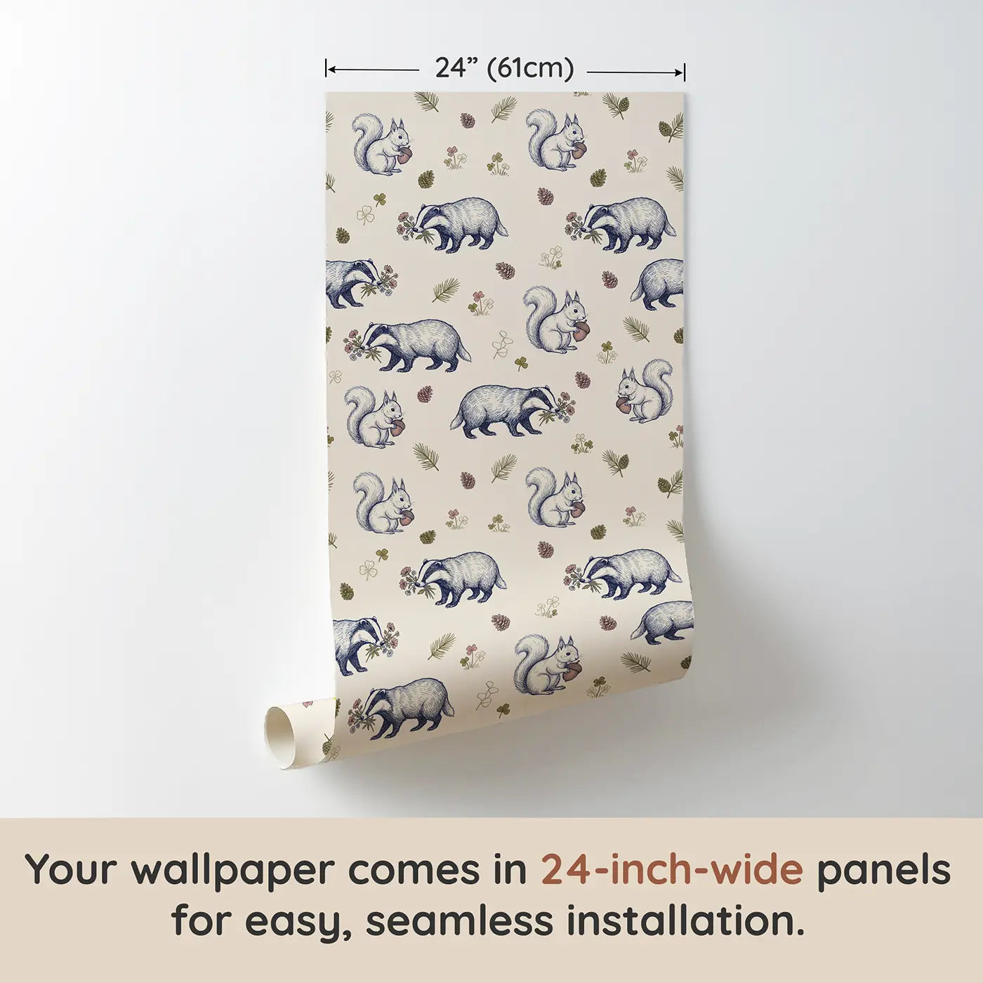 Squirrel Holding Acorn Hand-Drawn II wallpaper panel dimensions - Whimsy Tots