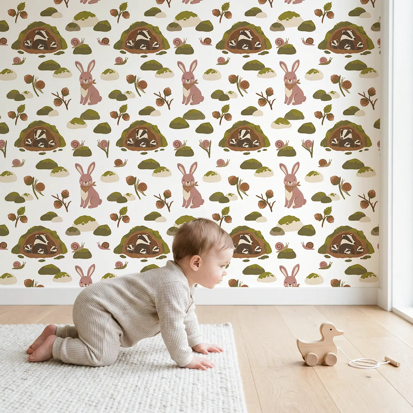 Bunny Floppy Ears Modern Illustration wallpaper in styled kids room - Whimsy Tots