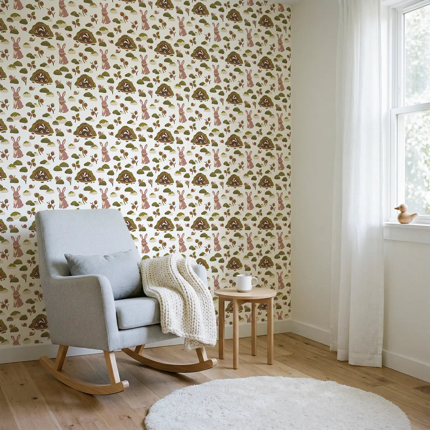 Bunny Floppy Ears Modern Illustration wallpaper in Scandinavian nursery - Whimsy Tots