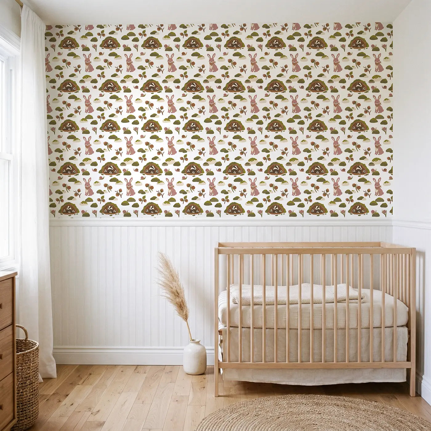 Bunny Floppy Ears Modern Illustration wallpaper above wainscoting - Whimsy Tots