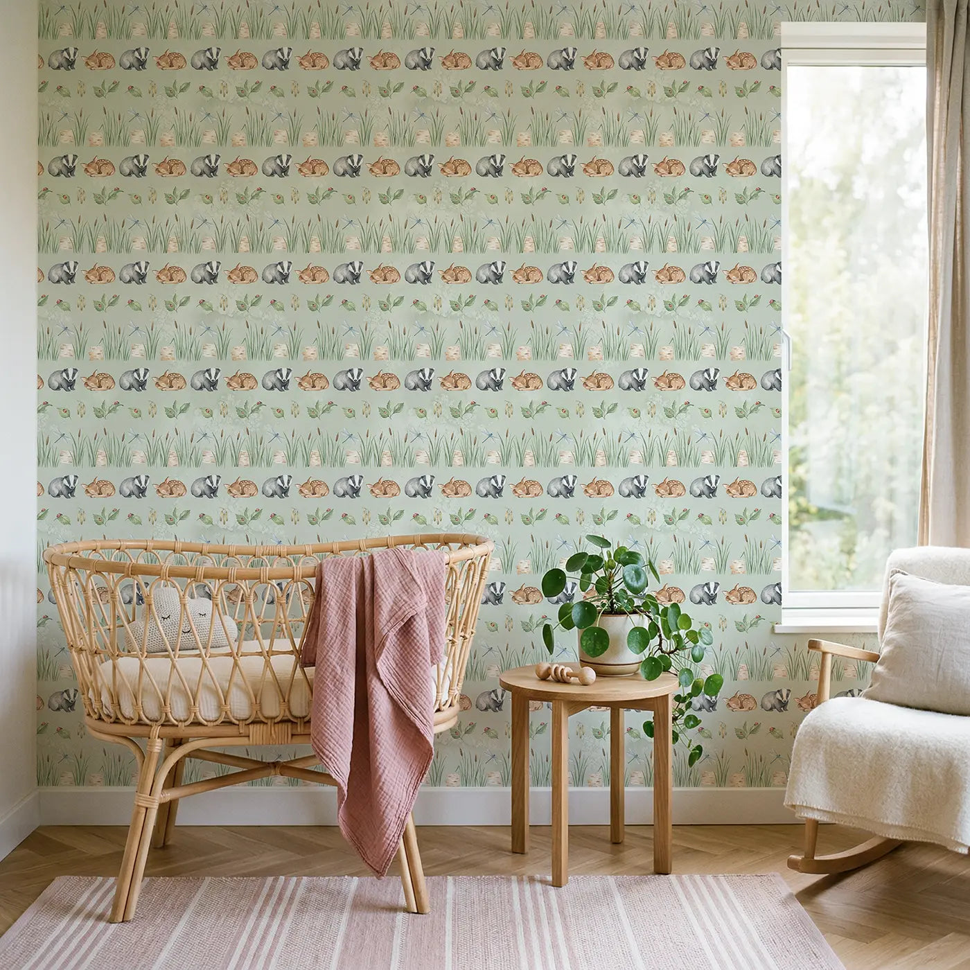Badger Cub Watercolor wallpaper in Scandinavian nursery - Whimsy Tots