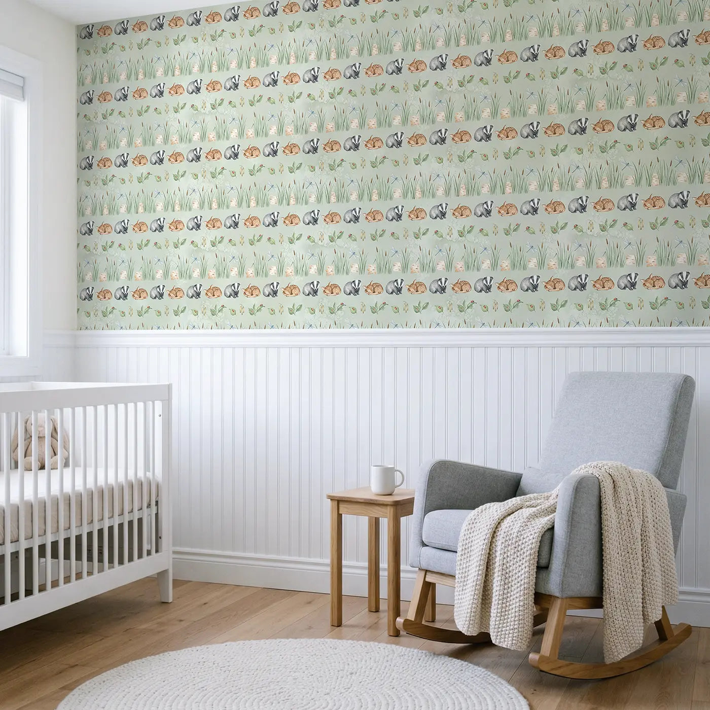 Badger Cub Watercolor wallpaper above wainscoting - Whimsy Tots