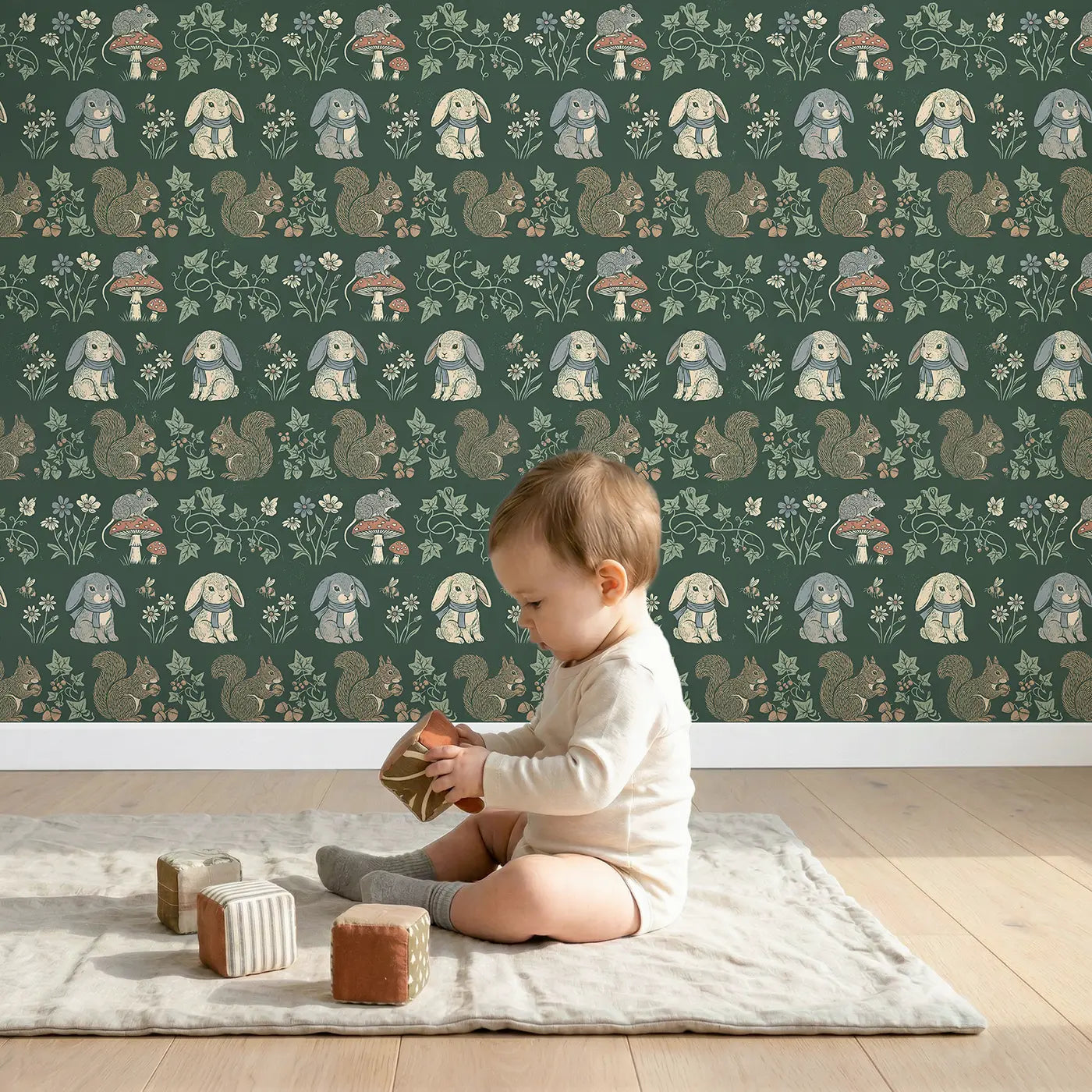 Field Mouse Toadstool Block Print II wallpaper in styled kids room - Whimsy Tots
