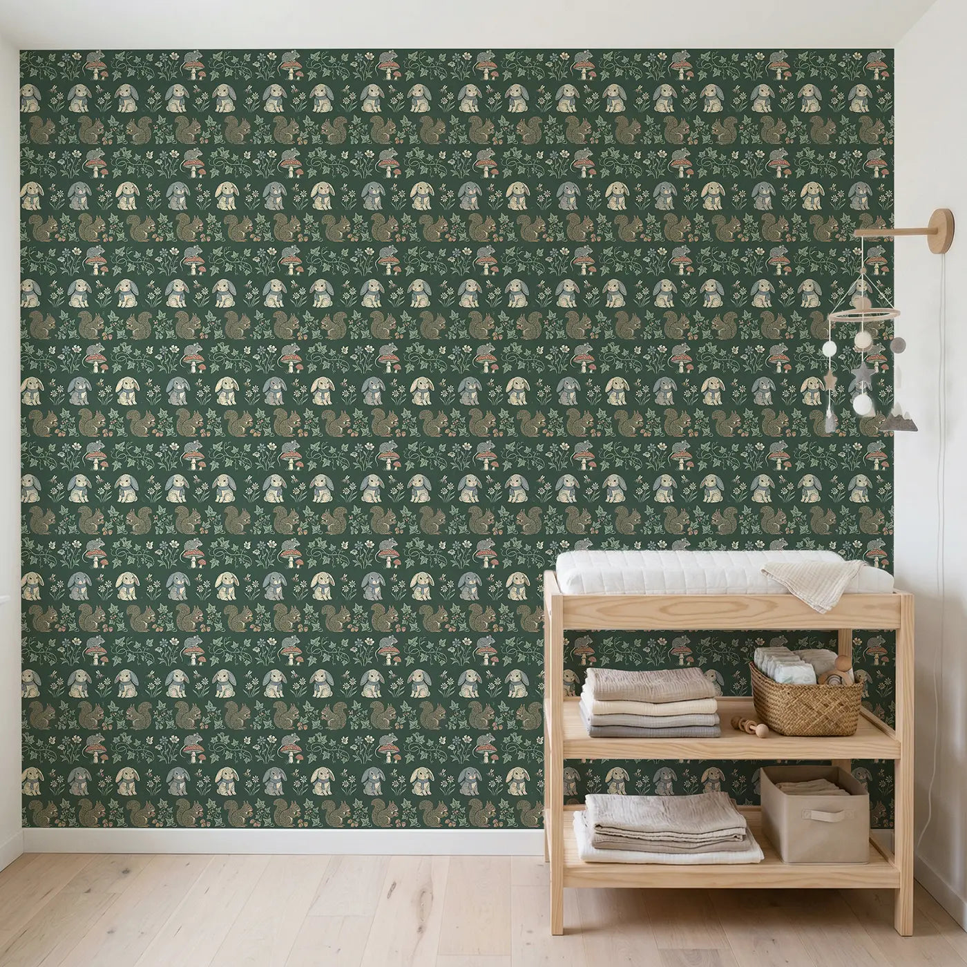 Field Mouse Toadstool Block Print II wallpaper in Scandinavian nursery - Whimsy Tots