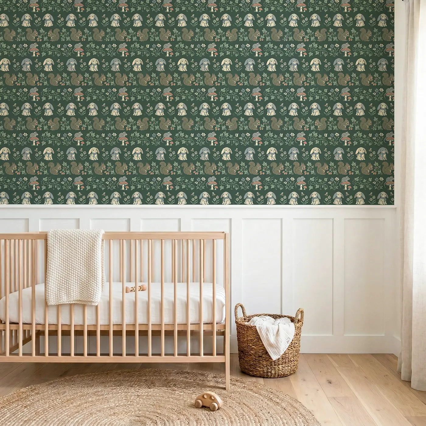 Field Mouse Toadstool Block Print II wallpaper above wainscoting - Whimsy Tots