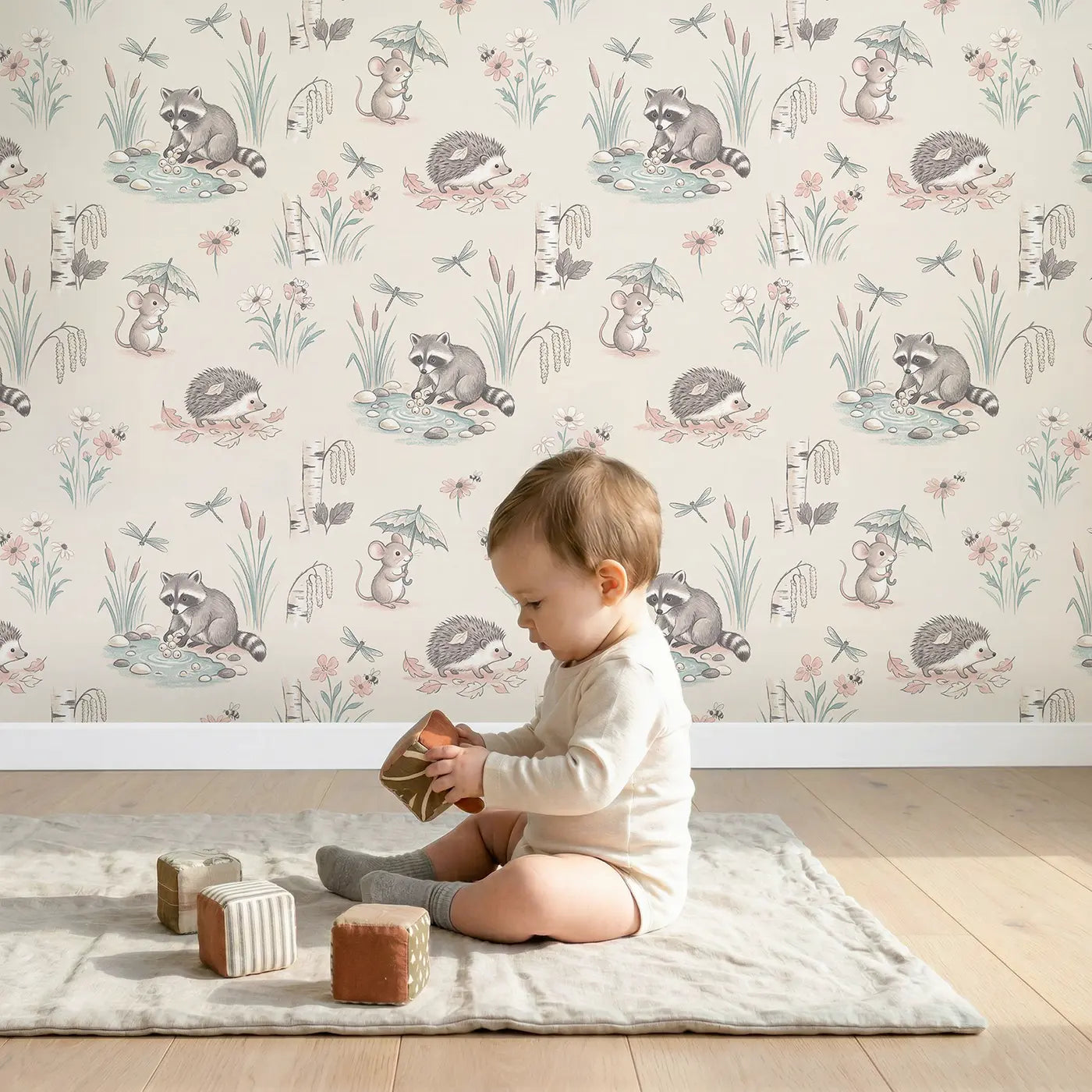 Mouse Tiny Umbrella Soft Pastel wallpaper in styled kids room - Whimsy Tots