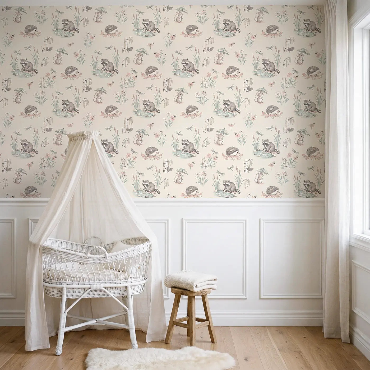 Mouse Tiny Umbrella Soft Pastel wallpaper above wainscoting - Whimsy Tots