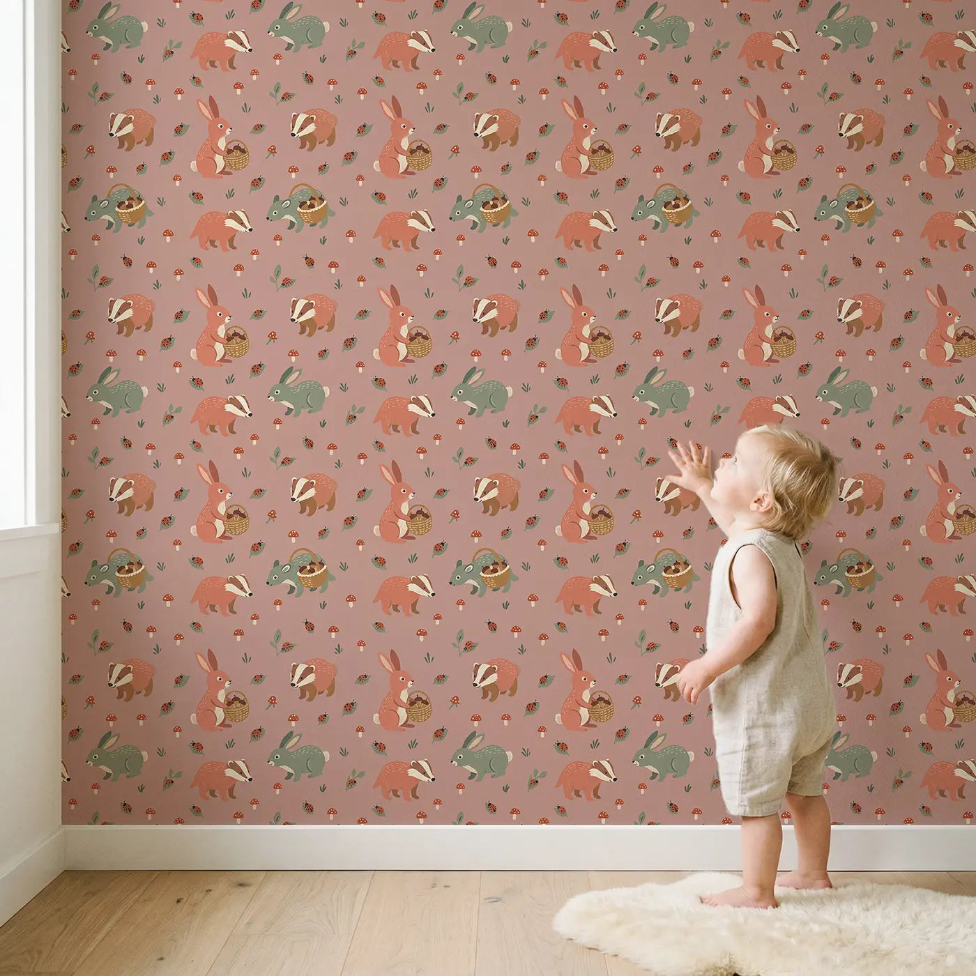 Rabbit Carrying Basket Modern Illustration II wallpaper in styled kids room - Whimsy Tots