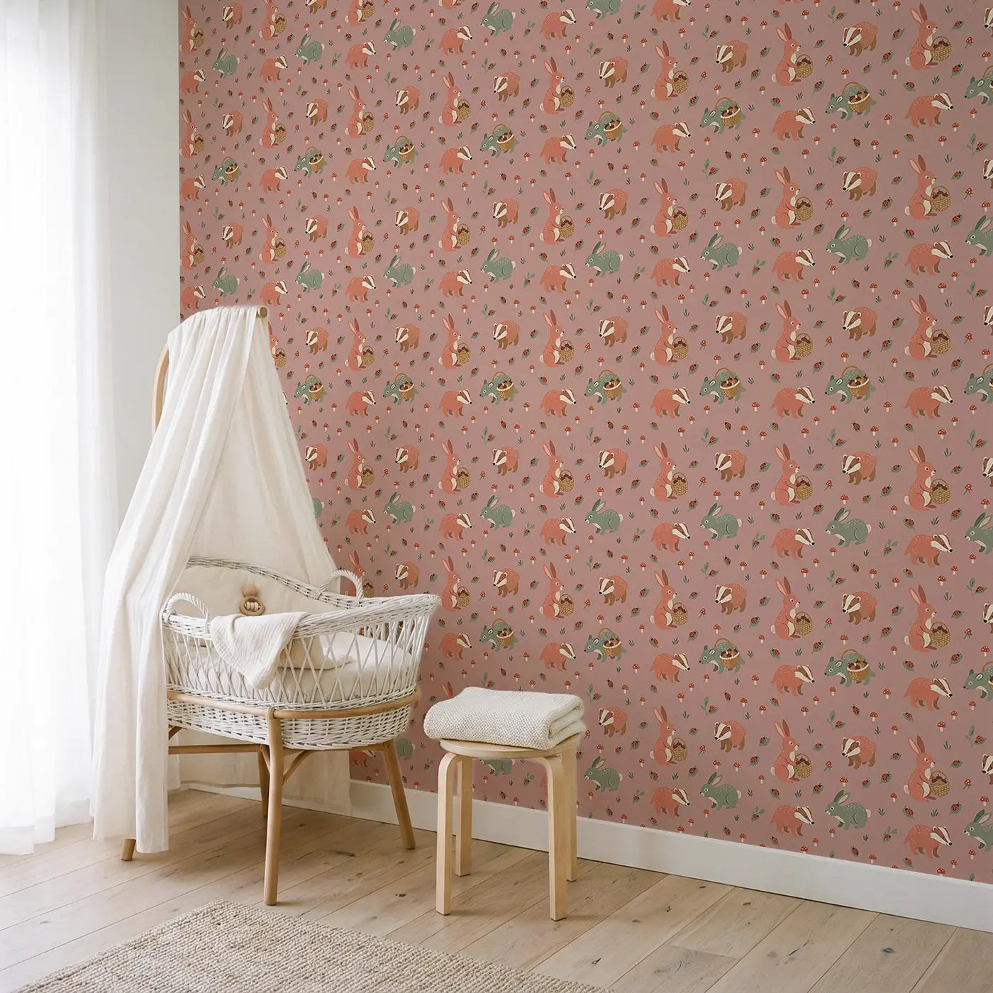 Rabbit Carrying Basket Modern Illustration II wallpaper in Scandinavian nursery - Whimsy Tots