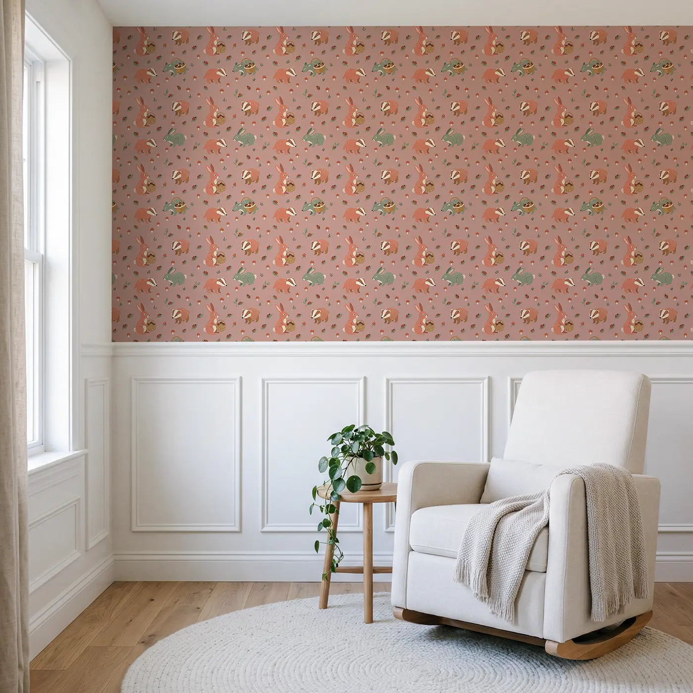 Rabbit Carrying Basket Modern Illustration II wallpaper above wainscoting - Whimsy Tots