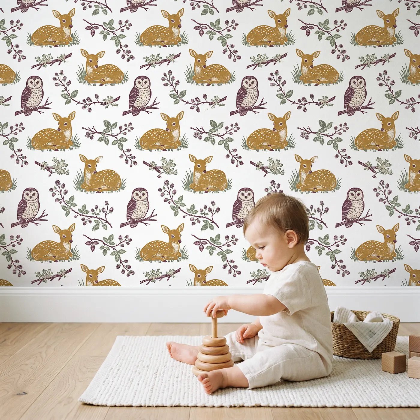 Baby Owl Block Print wallpaper in styled kids room - Whimsy Tots