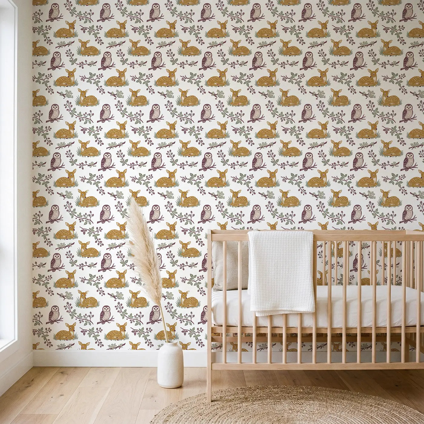 Baby Owl Block Print wallpaper in Scandinavian nursery - Whimsy Tots